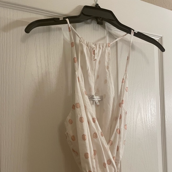 LOVERS + FRIENDS Gigi Polka Dot Print Flounce Wrap Dress in White and Pink - Picture 4 of 13